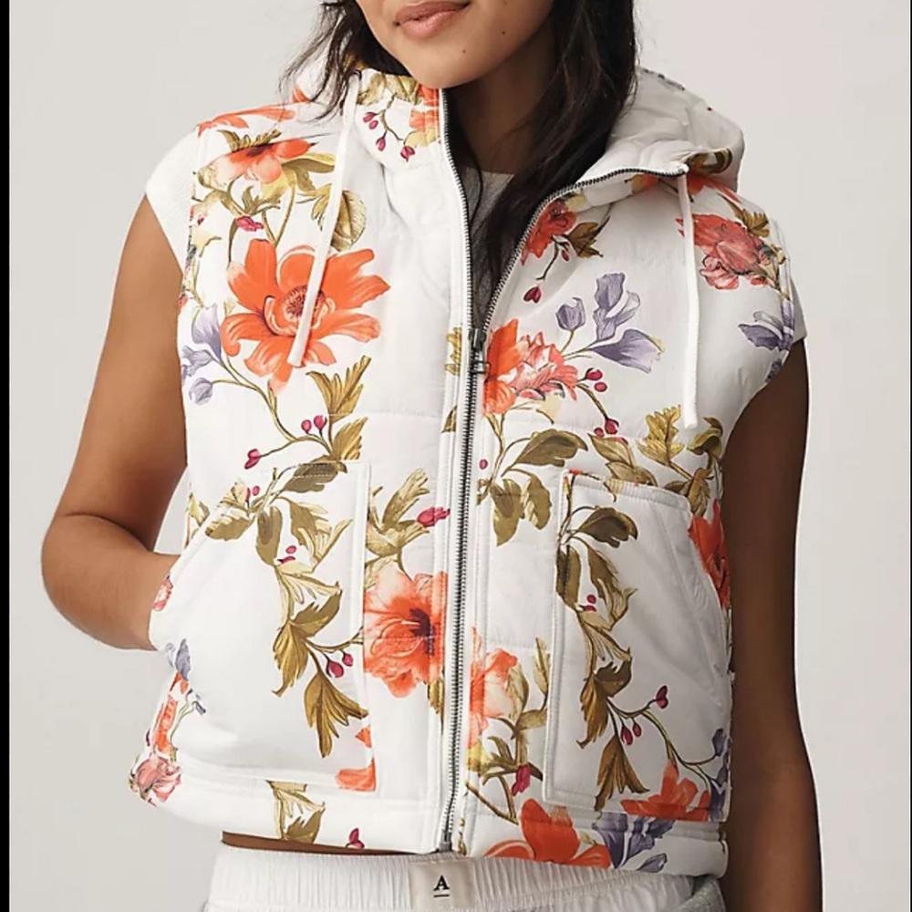 Floral Quilted Hooded Vest - White/Orange